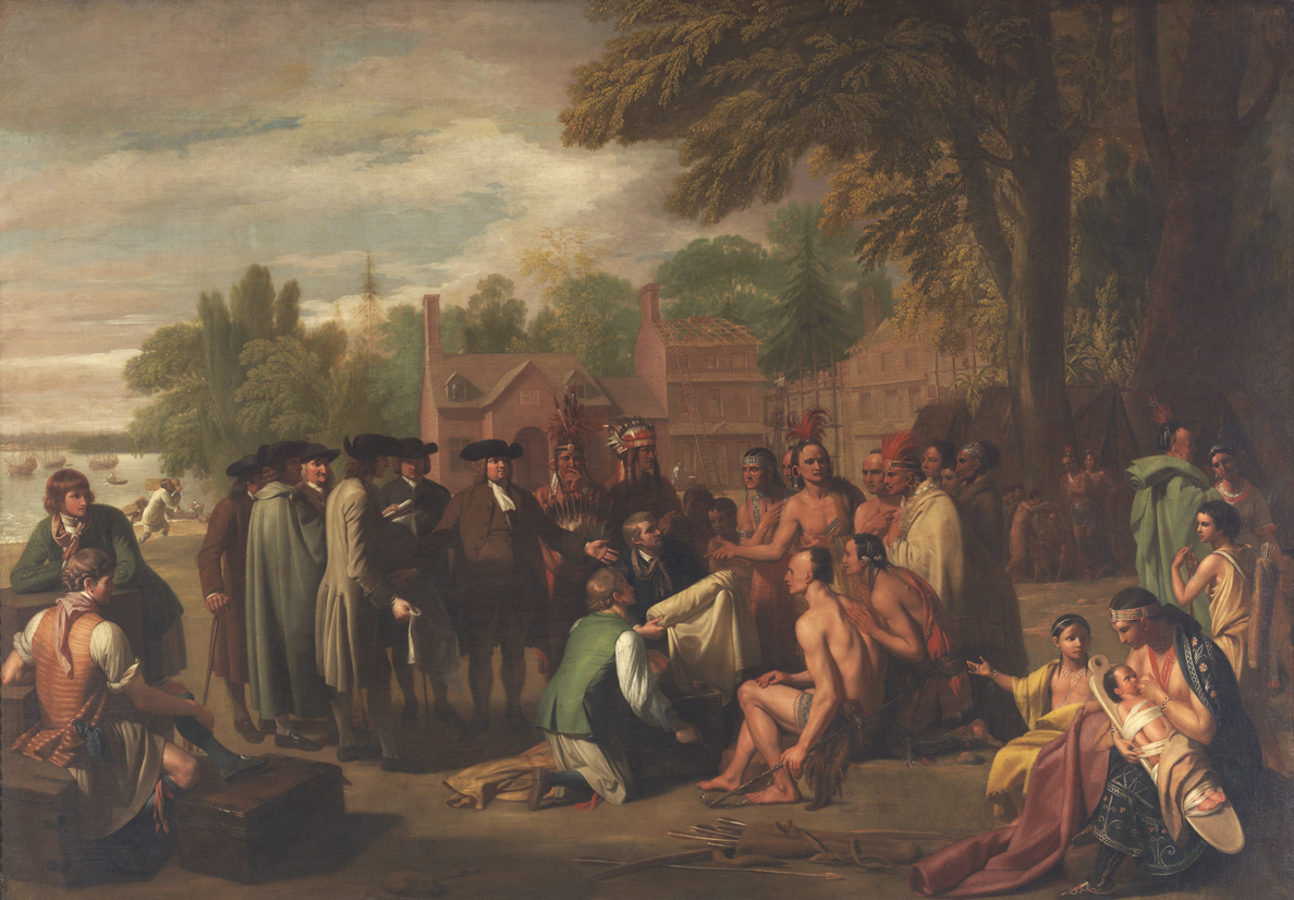 A group of European and Native American men listen to a white man kneeling.
