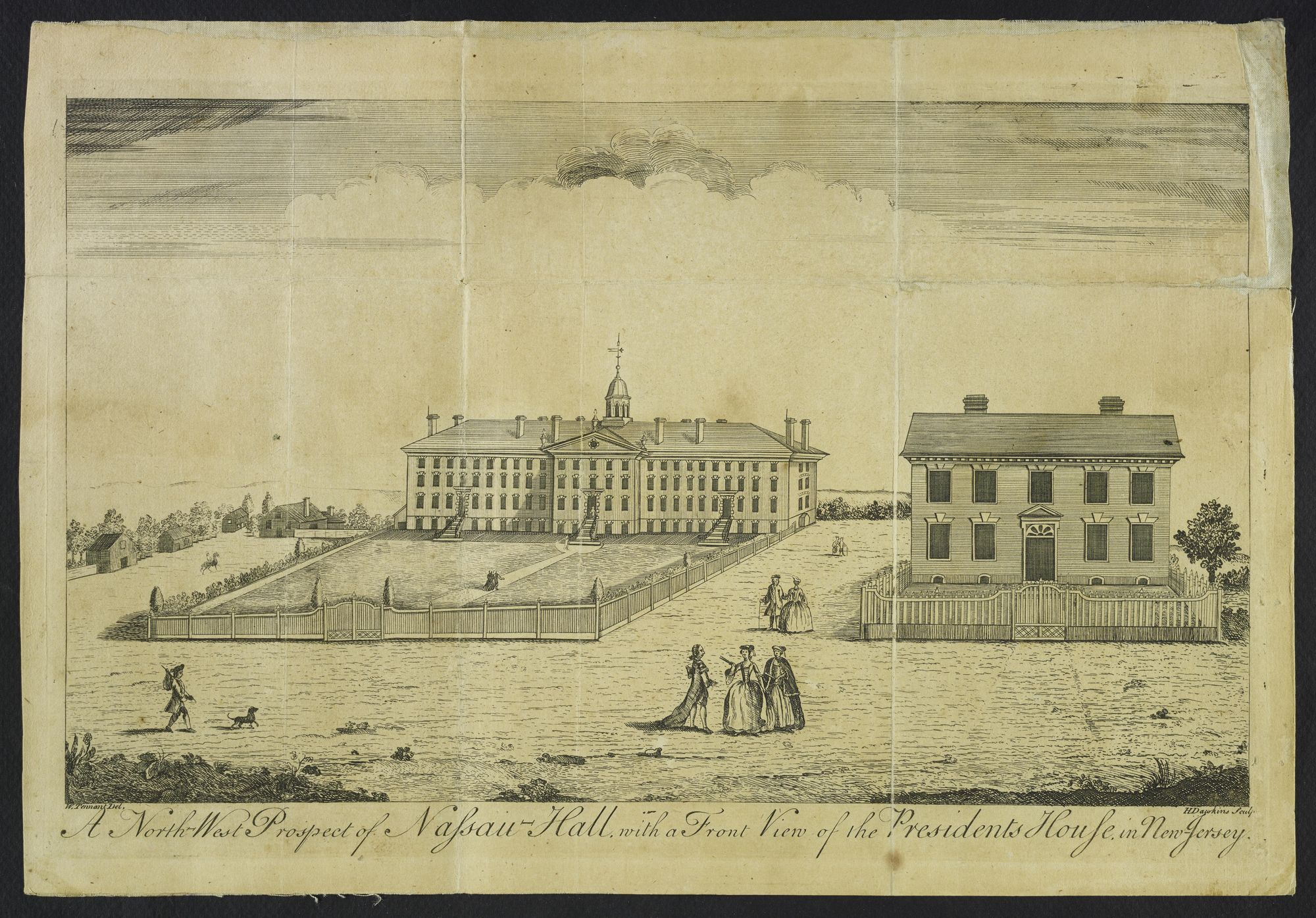 A large rectangular building is accompanied by a house and a few people walk nearby the structures.