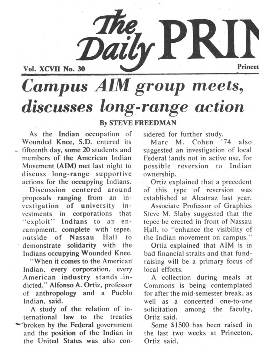1973 newspaper article, written by Steve Freedman, describing Professor Afonson Ortiz's advocacy of the Wounded Knee occupation